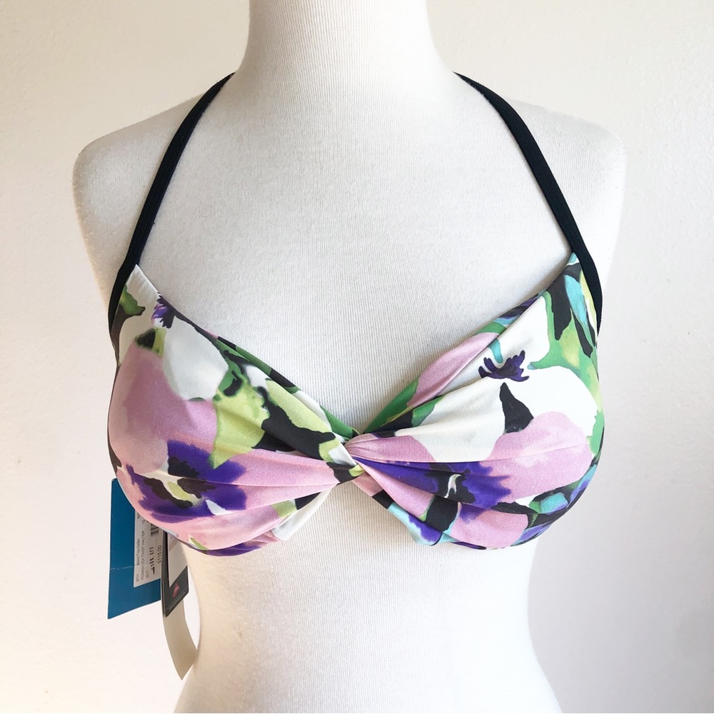 Badgley Mischka Black Pink Green Purple Floral Bikini Halter Top New With Tags